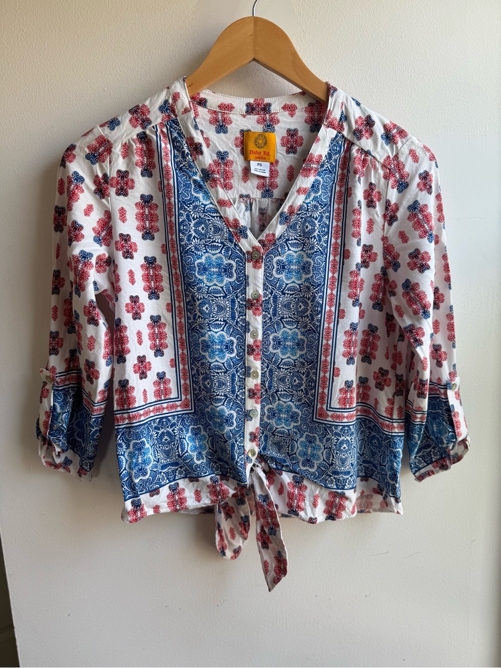 Ruby Road White Blouse with Blue & Red Paisley Border Tie-Front